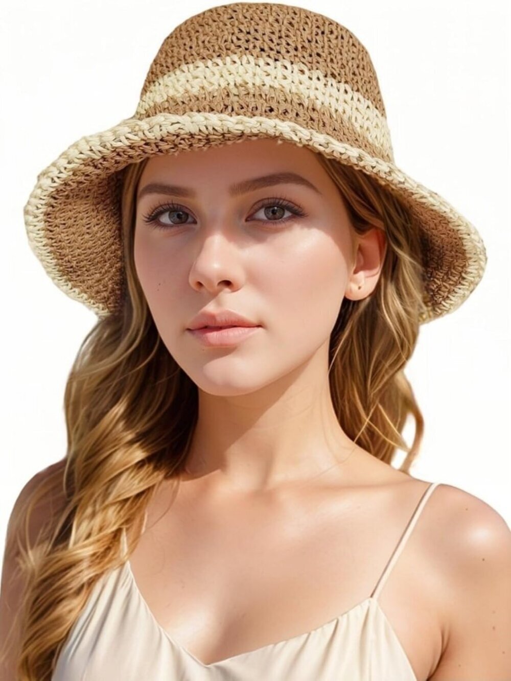 Women Foldable Summer Wide Brim Packable Hat Travel Straw Fedora Hat Khaki Beige